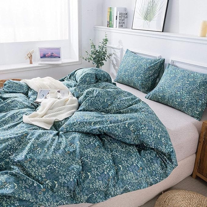 Vintage Floral Comforter Set Queen Aesthetic Blue Flower Comforter Garden Style Floral Bedding Comforter with 2 Pillowcases Fluffy Soft Cottagecore Flower Bedding Set Farmhouse Botanical Comforter Set