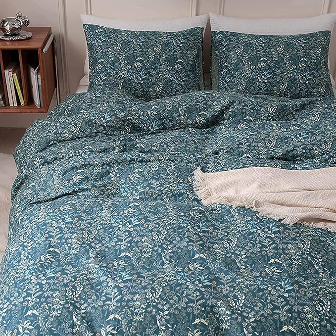 EAVD Garden Style Floral Duvet Cover Twin Soft 100% Cotton Blue Floral Bedding Set with 2 Pillowcases Chic Shabby Botanical Comforter Set for Girls with Zipper Closure(Twin, Blue)