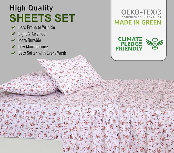 RUVANTI 100% Cotton Twin XL Sheet Sets, 3 Pieces, Soft & Breathable Percale Weave Bedding, Deep Pocket 16", Hotel Standard, Crisp Cool Feel, Durable, Perfect Size Floral Sheets, Bouquet