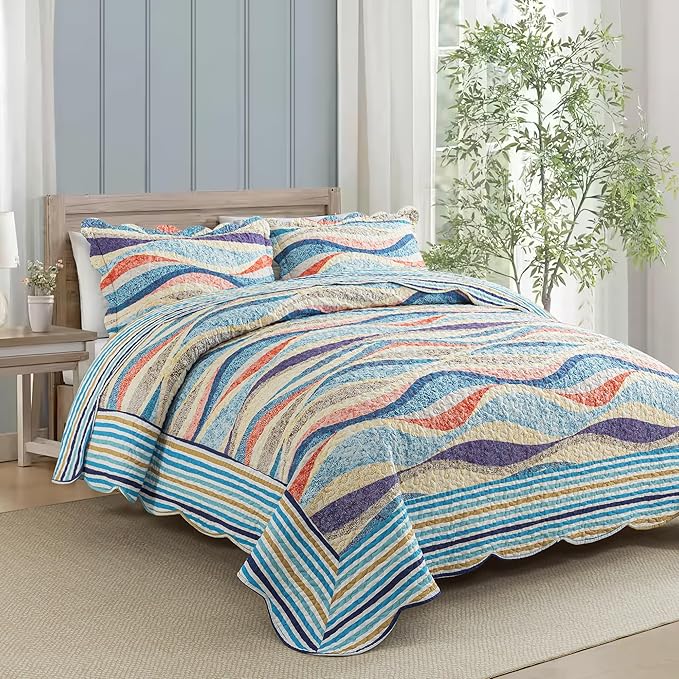 HoneiLife Qversized Queen Quilt - 106"x106" Coastal Quilt Sets, Beach Quilt 3-Piece, Nautical Bedspreads Ocean Coverlets, Lightweight Bed Cover, Summer Quilts