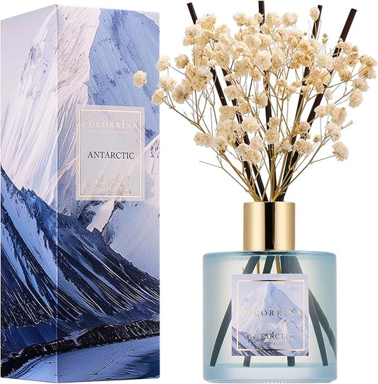 COCORRÍNA Reed Diffuser - Antarctic 6.7 Fl.oz Reed Diffuser Set with 8 Sticks & Preserved Baby's Breath, Reed Diffuser for Home Bathroom Shelf Decor
