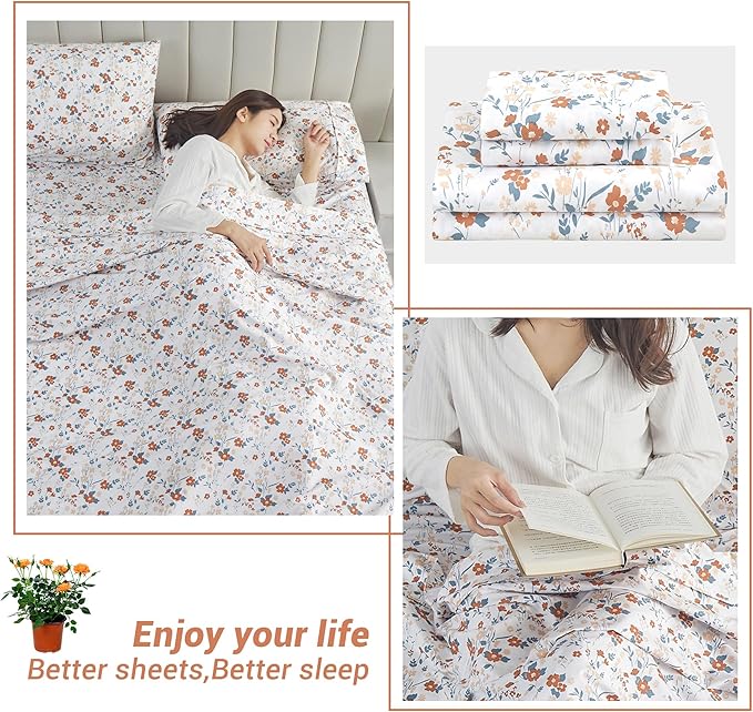 Softan Orange Flower Sheets for King Size Bed Floral Bed Sheets King Printed Sheets - 4 Piece Soft Microfiber Patterned Fitted Sheets King with 15" Deep Pocket