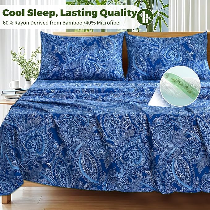 Bedlifes California King Floral 4-Piece Sheet Set - Cooling Sheets Blend Rayon Derived from Bamboo,Soft & Breathable, Deep Pocket 16", Wrinkle Resistant - Paisley Dark Navy Blue