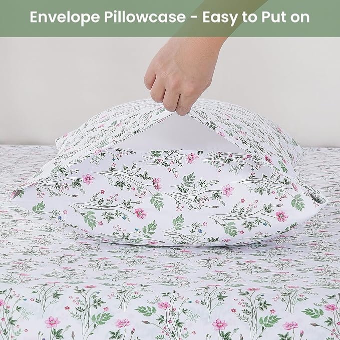 Softan Vintage Floral Full Bed Sheets, Cozy Microfiber Flower Printed Sheets with 15" Deep Pocket Fitted Sheet & Non-Slip Straps, Patterned Botanical Wildflower Sheets & Pillowcase Set