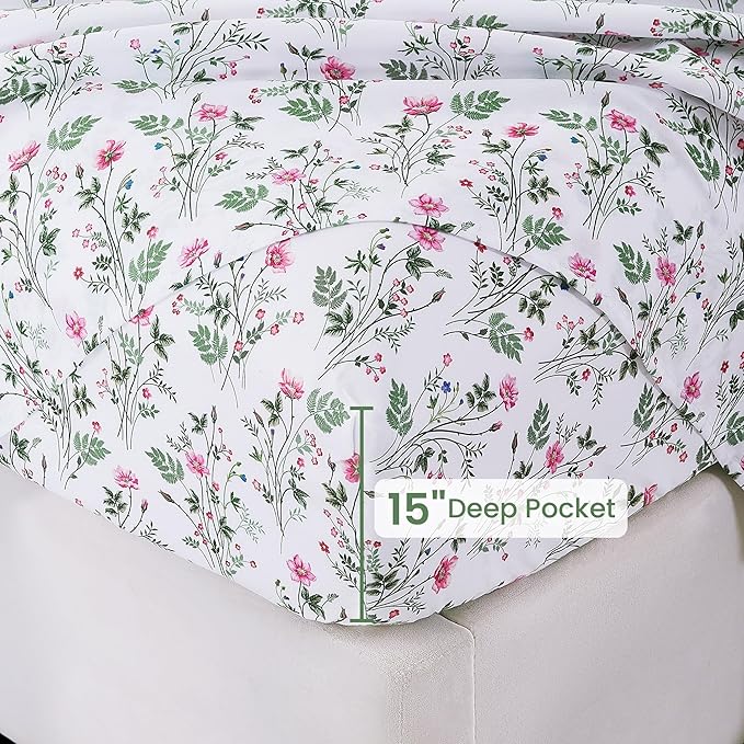 Softan Vintage Queen Bed Sheets, Cozy Microfiber Flower Printed Sheets with 15" Deep Pocket Fitted Sheet & Non-Slip Straps, Patterned Botanical Wildflower Sheets & Pillowcase Set