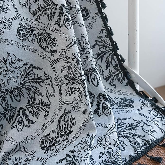ENJOYBRIDAL Black Damask Curtains 84 Inch Long Semi Sheer Rod Pocket Drapes Bedroom Living Room 2 Panels Floor Length Window Curtain Panels Jacquard Medallion Pattern Light Filtering Window Treatments