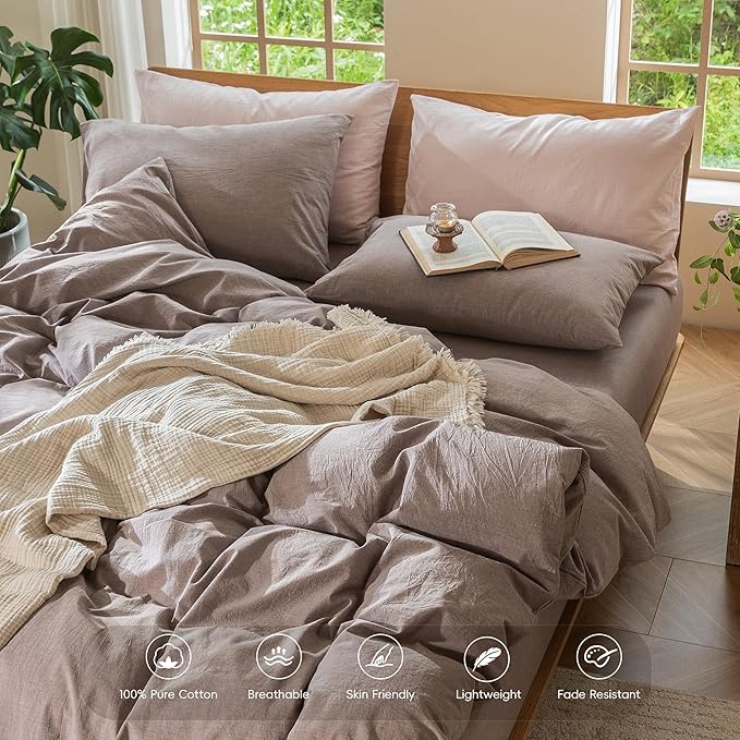 MooMee Bedding Duvet Cover Set 100% Washed Cotton Linen Like Textured Breathable Durable Soft Comfy (Heathered Mauve Brown, Oversized King Plus 128"x120")