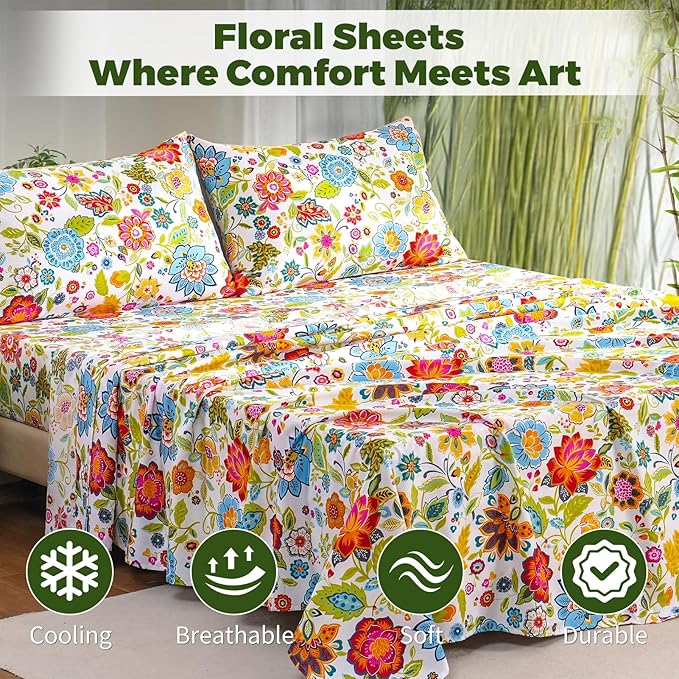 Bedlifes Queen Floral 4-Piece Sheet Set - Cooling Sheets Blend Rayon Derived from Bamboo,Soft & Breathable, Deep Pocket 16", Wrinkle Resistant - Vibrant Boho Floral Spring Design