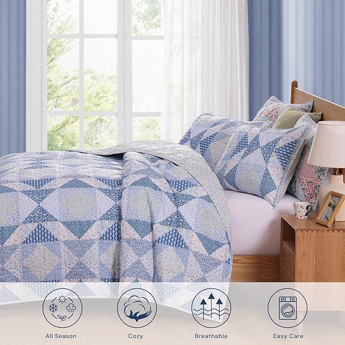 Quilt Set Twin Size, Patchwork Blue Marigold Floral Quilt Sets, Reversible Bedspread Lightweight and Breathable for All Seasons, Soft Quilted Bedspread with 1 Pillow Sham