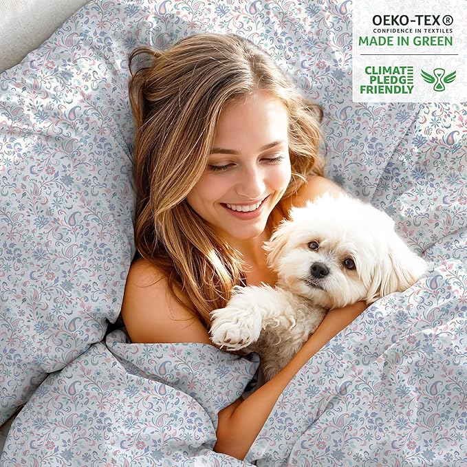 RUVANTI 100% Organic Cotton Sheets King Size, Percale Weave, GOTS Certified, 4-Piece Set, Deep Pocket 15", Crisp & Breathable, Soft Durable Bedding, Sábanas Algodón Orgánico – Multi Paisley