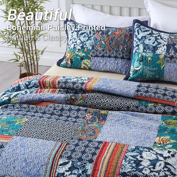 Yvooxny King Quilt Set Reversible Lightweight Bohemian Paisley Patchwork Cotton Quilted Bedspread Coverlet Set 3-Piece Bedding Set with Pillowcases for All Seasons, King Size, 108 * 96 Inches