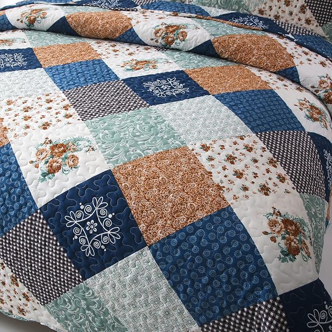 Dinjoy Reversible Patchwork Quilt Bedding Set Twin Size Blue Green Grey Plaid Floral Pattern Bedspread Set Soft Microfiber Coverlets Bed Set 3 Pieces Spring Summer Fall Use (68x86 inches)