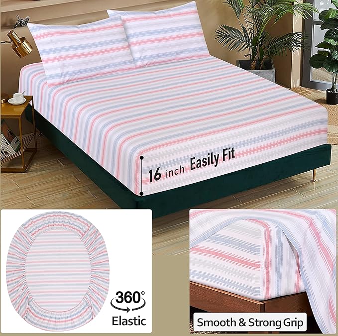 RUVANTI 100% Cotton Twin Sheets Set, 3 Pieces, Soft & Breathable Percale Weave Bedding, Deep Pocket 16", Hotel Standard, Crisp Cool Feel, Durable, Perfect Striped Bed Sheet, Times