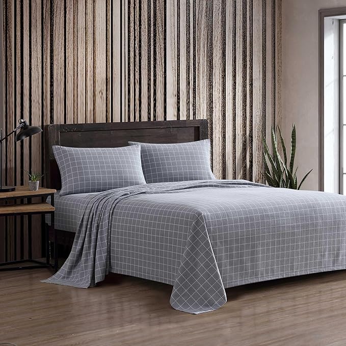 Eddie Bauer - Queen Bed Sheets, Cotton Flannel Bedding Set with Matching Pillowcases, Brushed for Extra Softness, Deep Pocket, Oeko-Tex Certified (Great Plains Plaid Grey)