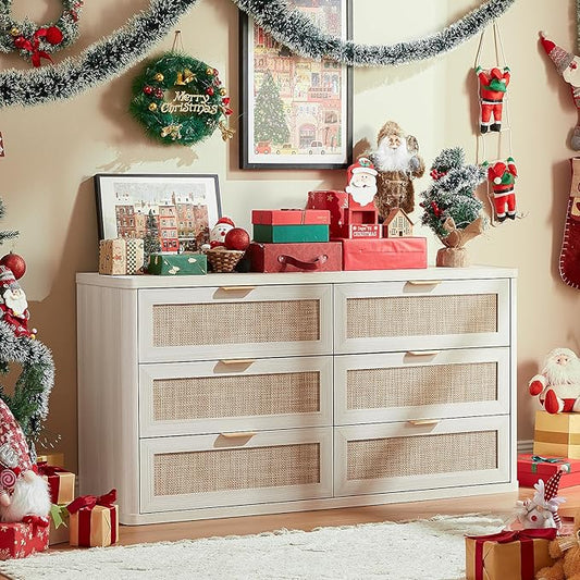 LEYAOYAO Rattan 6 Drawer Dresser for Bedroom, Boho 54" Wide White Dresser Chest of Drawers, Dressers TV Stand with Metal Handle, Storage Dressers Closet Organizer for Living Room, Hallway