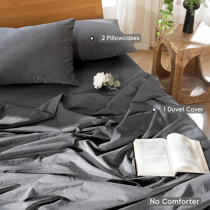 MooMee Bedding Duvet Cover Set 100% Washed Cotton Linen Like Textured Breathable Durable Soft Comfy (Heathered Dark Grey, Super King Plus 120"x120")