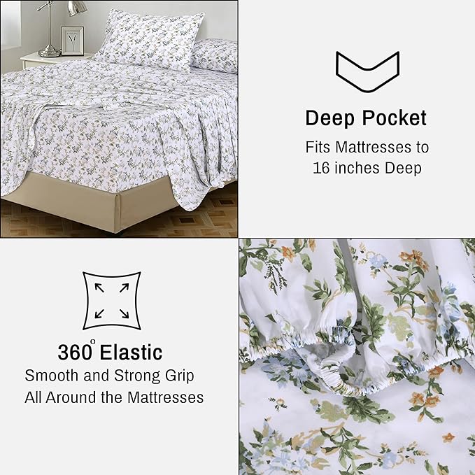 RUVANTI 100% Cotton King Size Sheets Set, 4 Pieces, Soft & Breathable Percale Weave Bedding, Deep Pocket 16", Hotel Standard, Crisp Cool Feel, Durable, Perfect Floral Bed Sheet, Heritage