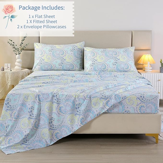 RYNGHIPY Cotton Sheets Floral Print King Size Sheet Sets Flower Botanical Pattern Egyptian Cotton Bed Sheets Soft and Breathable Deep Pockets (Blue,King Size)