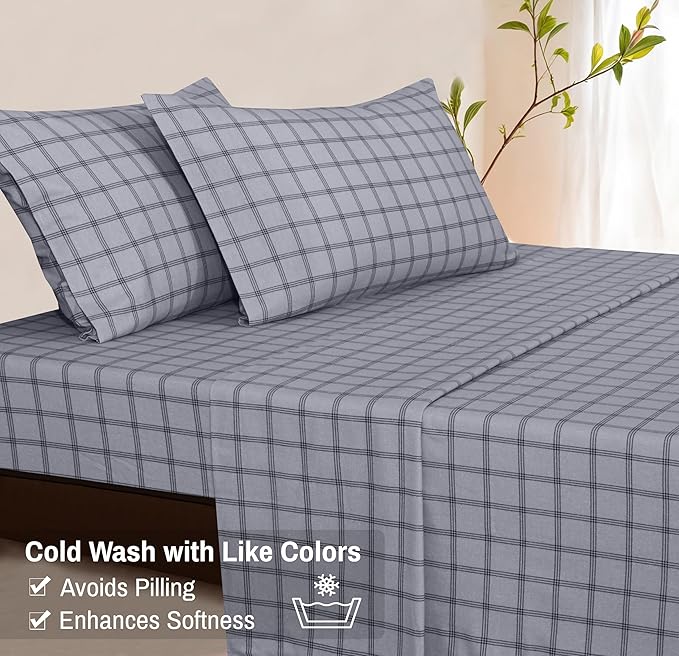 RUVANTI Flannel Sheets Full Size - 100% Cotton Double Brushed Bed Sheets Set, Deep Pockets 16 Inches, All Seasons Breathable & Extra Soft Full Sheets, Warm & Cozy, 4 Piece, Open Grid Check