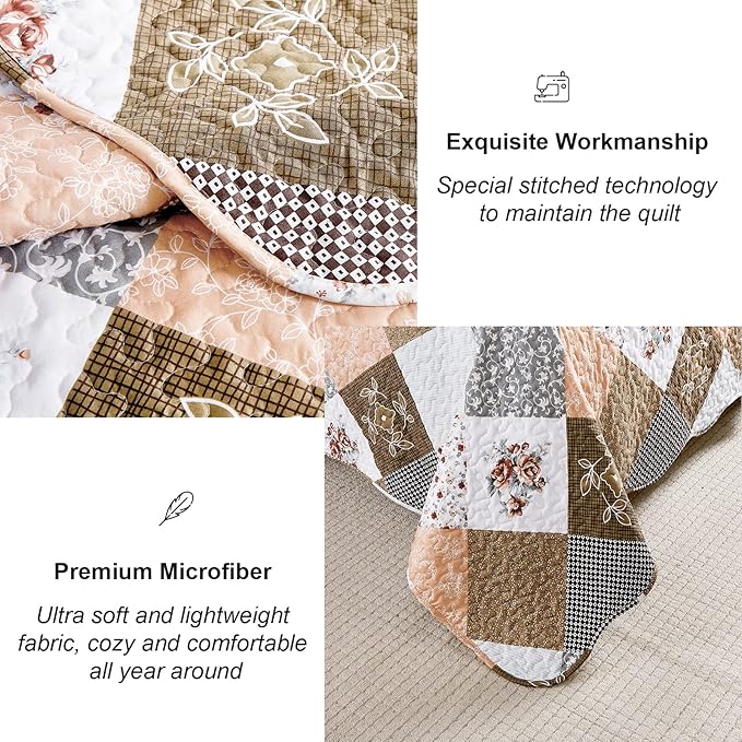 Dinjoy Floral Plaid Patchwork Quilt Set King Size, Reversible Brown Bedding Set Soft Microfiber Lightweight Bedspread Coverlet 3 Piece Fall Autumn Summer Use (104x90 inches)