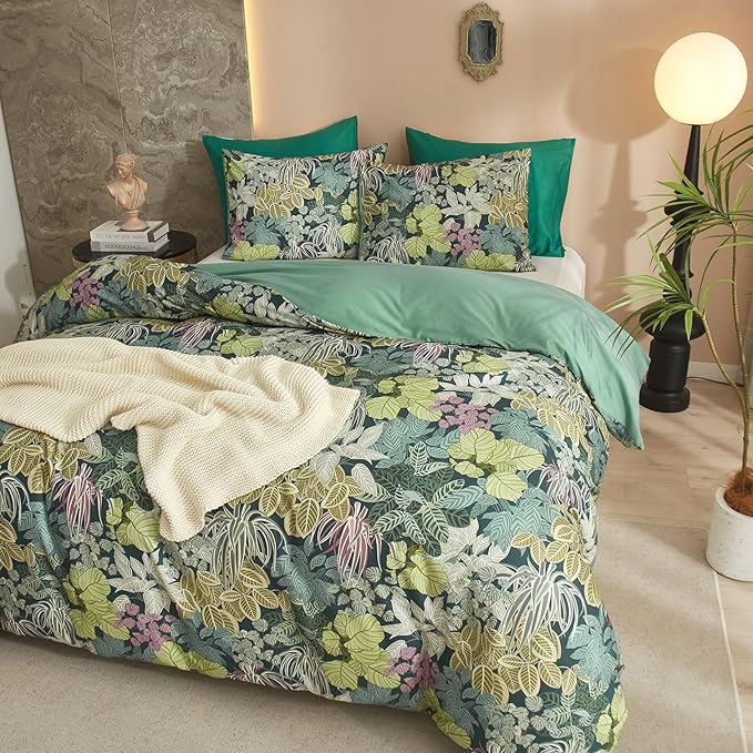 EAVD Tropical Leaves Duvet Cover Twin Soft Cotton Chic Plant Green Leaf Pattern Bedding Set with 2 Pillowcases Fresh Botanical Leaves Comforter Cover with Zipper Closure