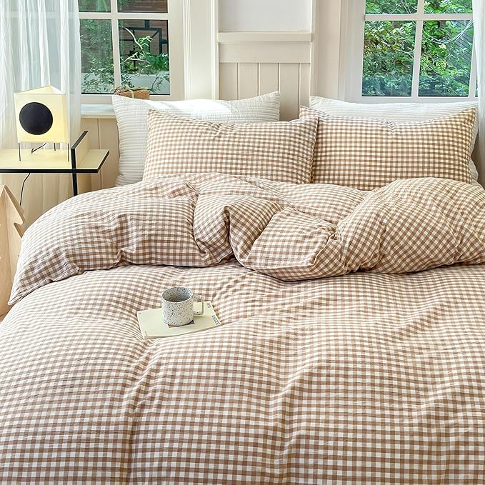 LifeTB Tan Gingham Comforter Set California King 3 Pieces Modern Plaid Comforter Set Beige Grid Comforter with 2 Pillowcases Soft Fluffy Checkered Grid Pattern Gingham Bedding Set for All Seasons