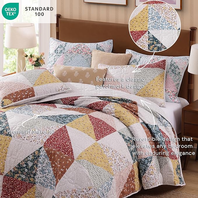 Quilt Set King Size, Patchwork Burnt Orange Floral Quilt Sets, Reversible Bedspread Lightweight and Breathable for All Seasons, Soft Quilted Bedspread with 2 Pillow Shams