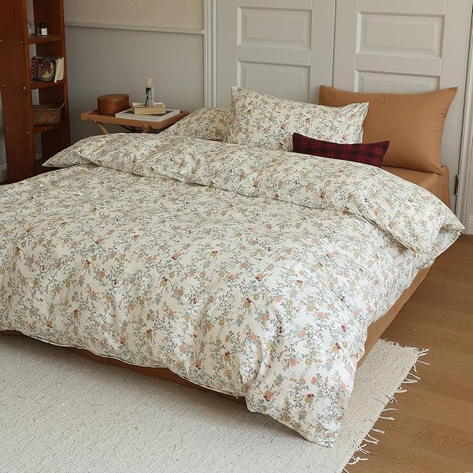 EAVD Vintage Botanical Floral Duvet Cover King - Soft Cotton Chic Shabby Garden Bedding Set With 2 Pillowcases, Fresh Reversible Comforter Cover With Zipper Closure
