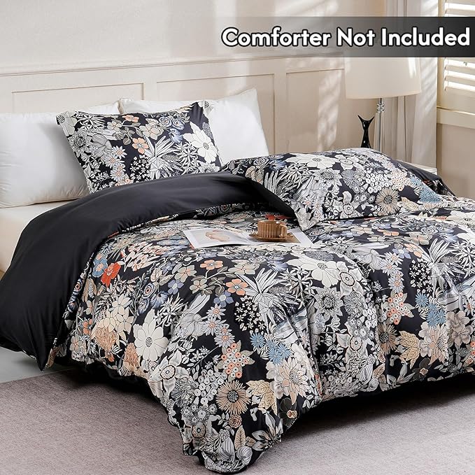 LONAVA King Flower 3 Pcs Duvet Cover Set, Breathable Soft Microfiber Black Lining Comforter Cover with Zipper Closure, and 2 Anti-Pilling, Fade Resistant Pillowcases, Midnight Blossoms