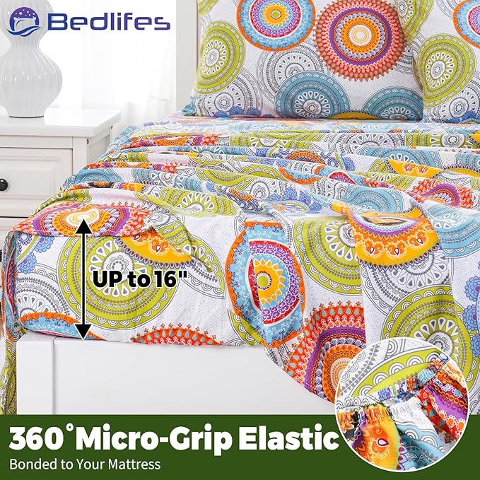 Bedlifes Queen Floral 4-Piece Sheet Set - Cooling Sheets Blend Rayon Derived from Bamboo,Soft & Breathable, Deep Pocket 16", Wrinkle Resistant - Mandala Patterned
