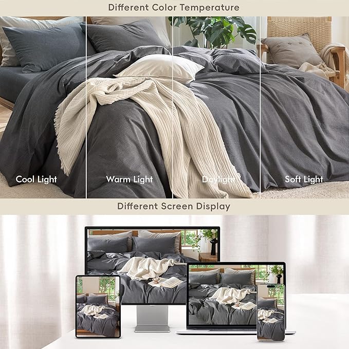 MooMee Bedding Duvet Cover Set 100% Washed Cotton Linen Like Textured Breathable Durable Soft Comfy (Heathered Dark Grey, Oversized Queen 98"x98")