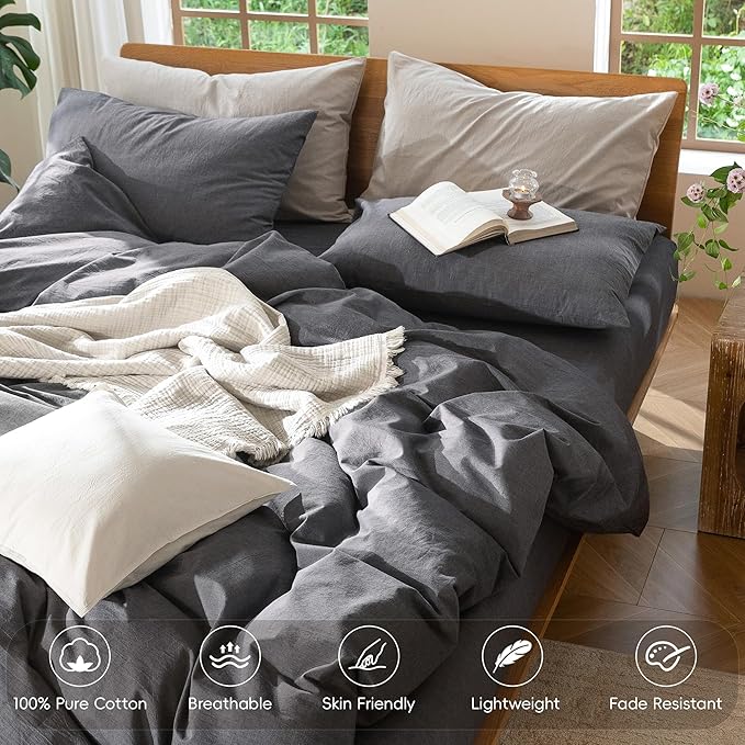 MooMee Bedding Duvet Cover Set 100% Washed Cotton Linen Like Textured Breathable Durable Soft Comfy (Heathered Dark Grey, Cal King 104"x98")