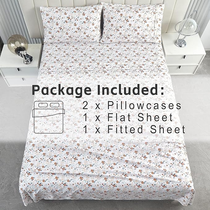 Softan Floral Full Sheet Set, Orange Flower Printed Bed Sheets - 4 Piece Soft Microfiber Patterned Fitted Sheets with 15" Deep Pocket & Non-Slip Straps, Cute Flower Sheets & Pillowcase Set