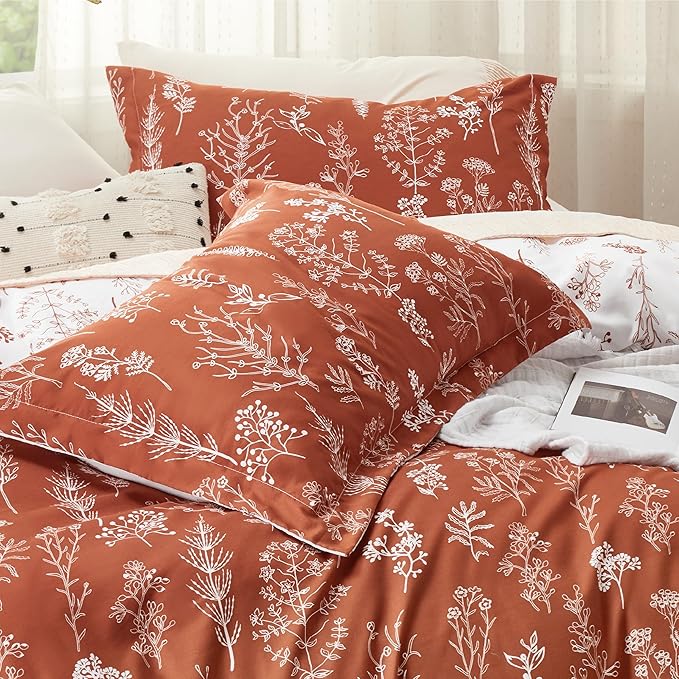 Bedsure Twin/Twin XL Duvet Cover - Reversible Terracotta Duvet Cover Set with Zipper Closure, 2 Pieces Cute Floral Botanical Pattern Bedding Set with 8 Corner Ties and 1 Pillow Sham
