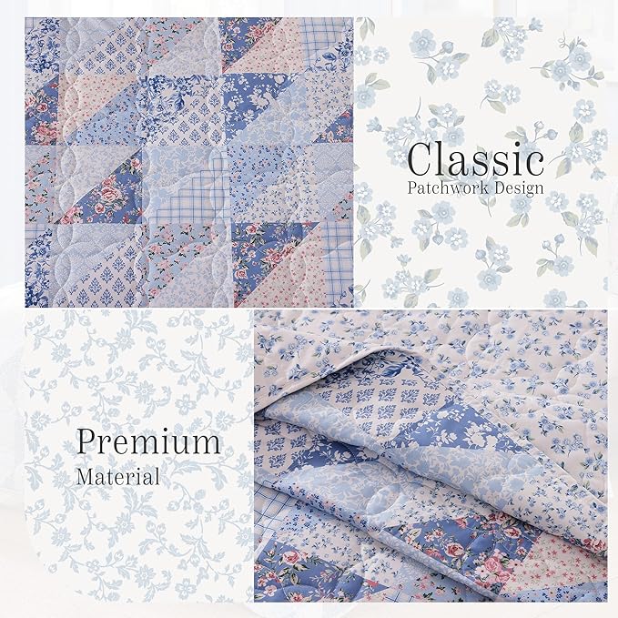 Quilt Set Twin Size, Patchwork Blue Pink Marigold Floral Quilt Sets, Reversible Bedspread Lightweight and Breathable for All Seasons, Soft Quilted Bedspread with 1 Pillow Sham