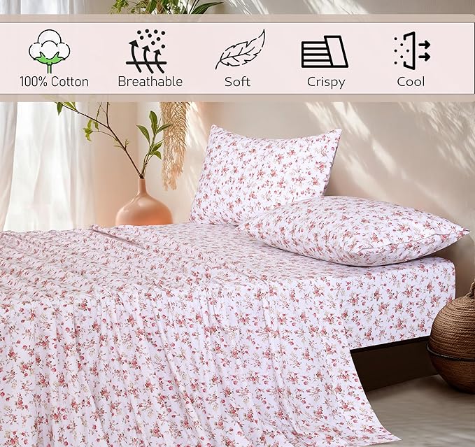 RUVANTI 100% Cotton Sheets Queen Size Set, 4 Pieces, Soft & Breathable Percale Weave Bedding, Deep Pocket 16", Hotel Standard, Crisp Cool Feeling, Durable, Perfect Floral Bed Sheet, Bouquet