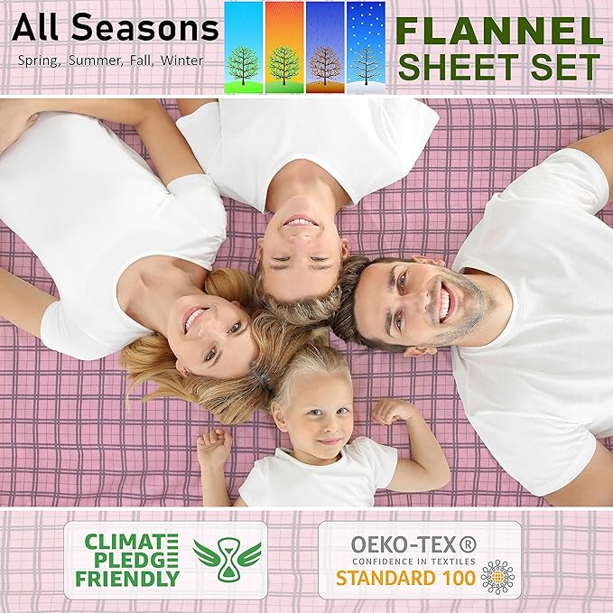 RUVANTI Flannel Sheets King Size - 100% Cotton Brushed King Size Sheets Set - Deep Pockets 16 Inches Bed Sheets - All Seasons Breathable & Extra Soft - Warm & Cozy, 4 Piece, Check & Bolt Pink