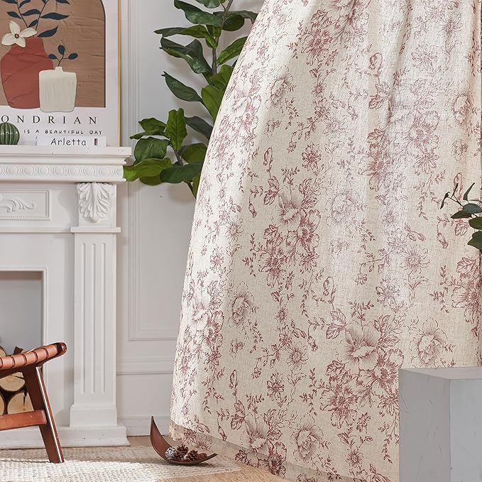 jinchan Linen Blend Curtain Floral Curtains for Living Room 96 Inch Length Christmas Brick Red Printed Curtain Rod Pocket Back Tab Farmhouse Peony Flower Patterned Drapes Curtains Set 2 Panels