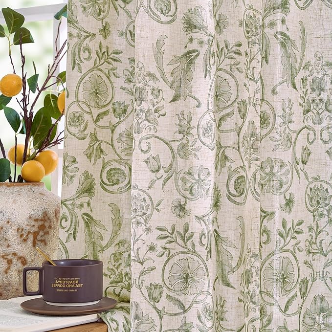 jinchan Linen Floral Curtains for Living Room with Printed Flower 84 Inches Long Light Filtering Farmhouse Window Treatment Vintage Drapes Back Tab Rod Pocket 2 Panels Green on Beige
