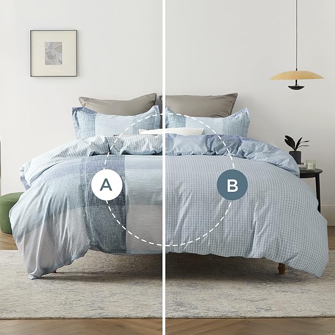 Bedsure Duvet Cover Queen Size - Gingham Reversible Buffalo Plaid Duvet Cover Set with Zipper Closure, 3 Pieces Blue Bedding Set with 8 Corner Ties and 2 Pillow Shams 20"x26"