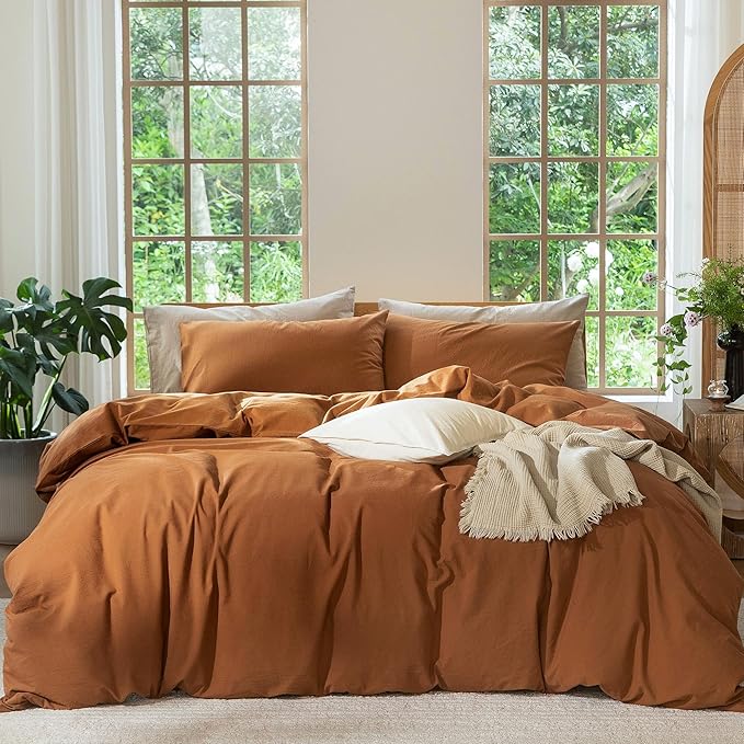 MooMee Bedding Duvet Cover Set 100% Washed Cotton Linen Like Textured Breathable Durable Soft Comfy (Solid Dark Orange, Super King 108"x98")