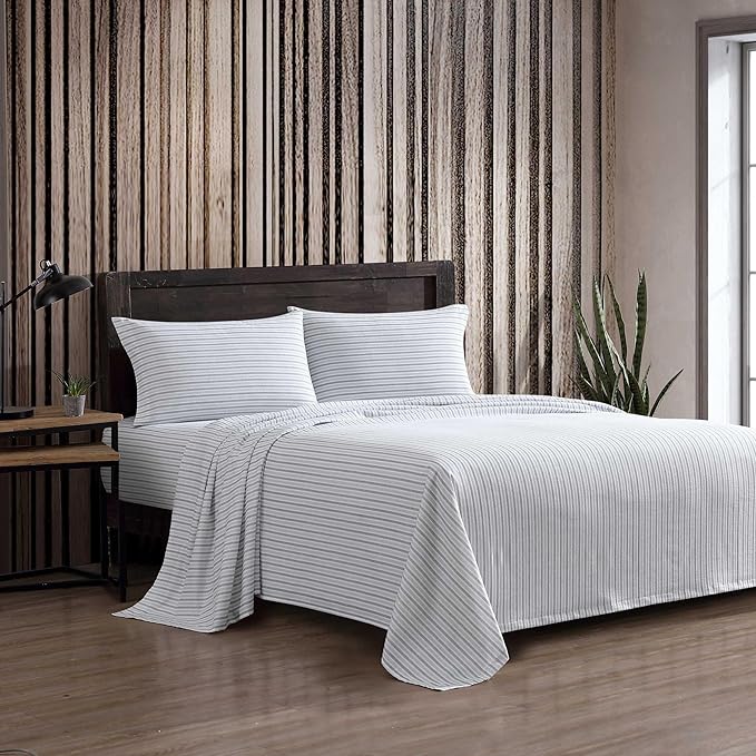 Eddie Bauer - King Bed Sheets, Cotton Flannel Bedding Set with Matching Pillowcases, Brushed for Extra Softness, Deep Pocket, Oeko-Tex Certified (Ticking Stripe Grey)