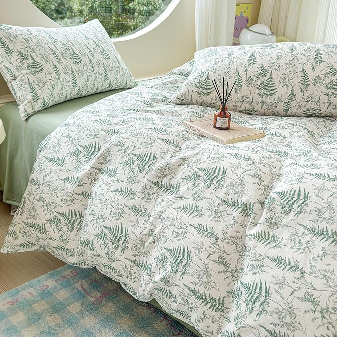 LifeTB Muslin Duvet Cover Twin Size 100% Cotton Botanical Floral Comforter Cover Ultra Soft Cottagecore Bedding Set Lightweight Linen Feel Textured Breathable Gauze Duvet Cover with 2 Pillowcases