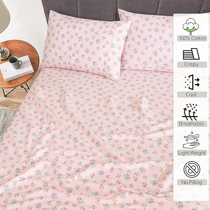 RUVANTI 100% Cotton Split King Sheets Sets for Adjustable Bed, 5 PCs, Soft & Breathable Percale Weave Bedding, Deep Pocket 16", Hotel Standard, Crisp Cool Feel & Durable, Floral Sheet, Spring On