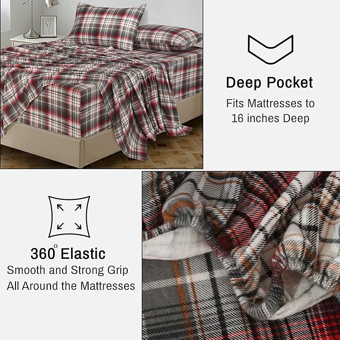 RUVANTI Flannel Sheets Twin Size - 100% Cotton Double Brushed Twin Sheets Set, Deep Pockets 16 Inches, All Seasons Breathable & Extra Soft Bed Sheets, Warm & Cozy, 3 Piece, Halloween Check