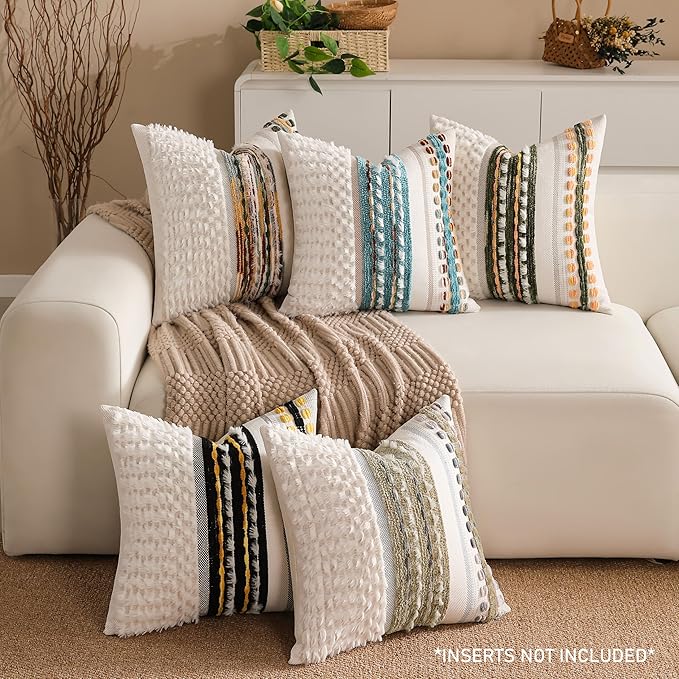 KOOLIFE Boho Chenille Tufted Couch Throw Pillow Covers 18x18 Inch Set of 2 Farmhouse Striped Decorative Pillow Covers Accent Neutral Pillowcase Black Yellow Cushion Cover for Living Room Sofa Bed