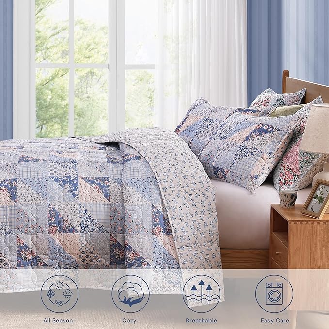 Quilt Set Twin Size, Patchwork Blue Pink Marigold Floral Quilt Sets, Reversible Bedspread Lightweight and Breathable for All Seasons, Soft Quilted Bedspread with 1 Pillow Sham