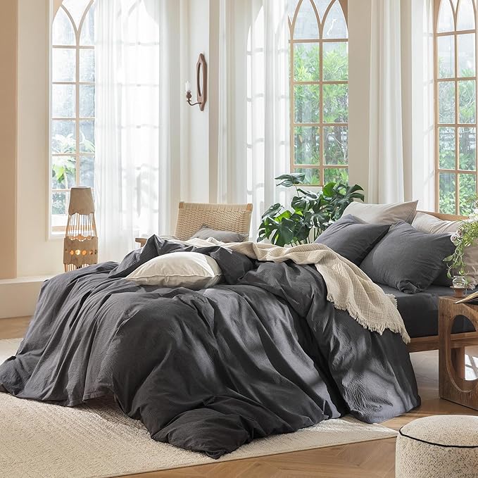 MooMee Bedding Duvet Cover Set 100% Washed Cotton Linen Like Textured Breathable Durable Soft Comfy (Heathered Dark Grey, Super King 108"x98")