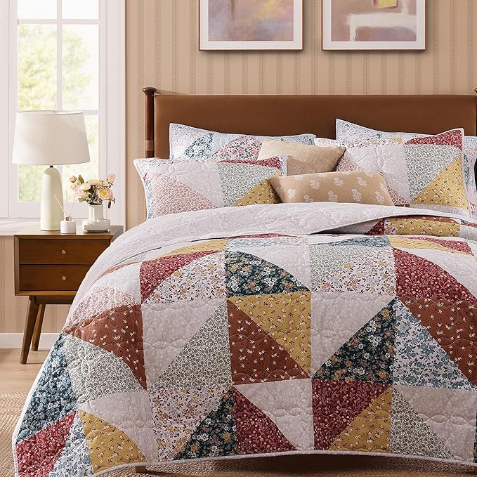 Quilt Set Twin Size, Patchwork Burnt Orange Floral Quilt Sets, Reversible Bedspread Lightweight and Breathable for All Seasons, Soft Quilted Bedspread with 1 Pillow Sham