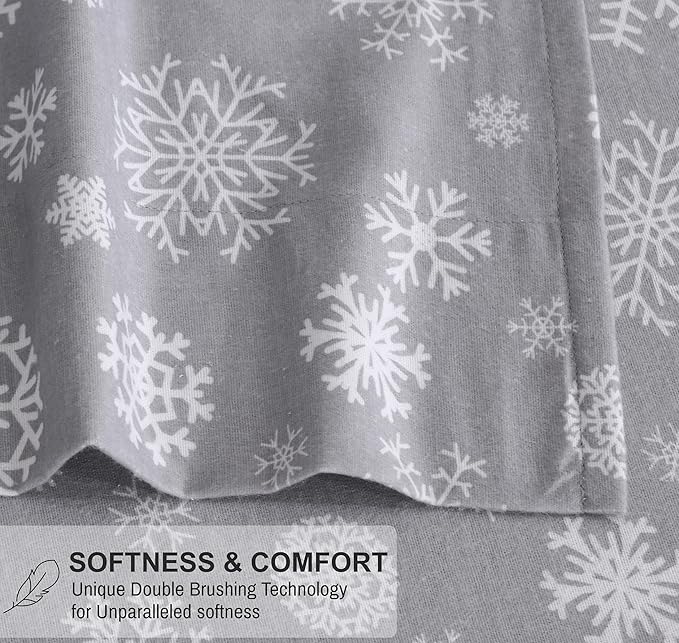 RUVANTI Flannel Sheets Queen Size - 100% Cotton Double Brushed Bed Sheets, Deep Pockets 16 Inches Queen Sheet Set, All Seasons Breathable & Extra Soft - Warm & Cozy, 4 Piece, Snowflakes